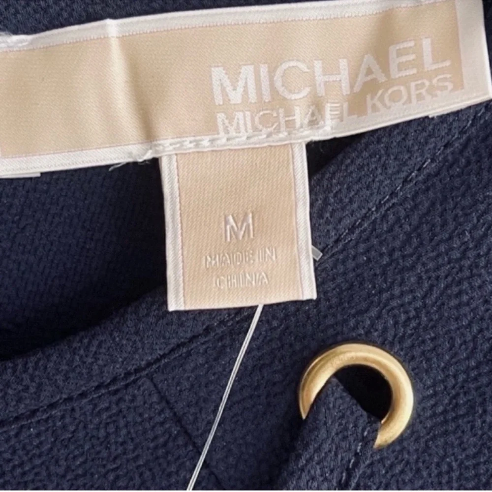 NEW Michael Kors Short Sleeve Crepe Blouse Laced Detail Navy Blue Gold Size M